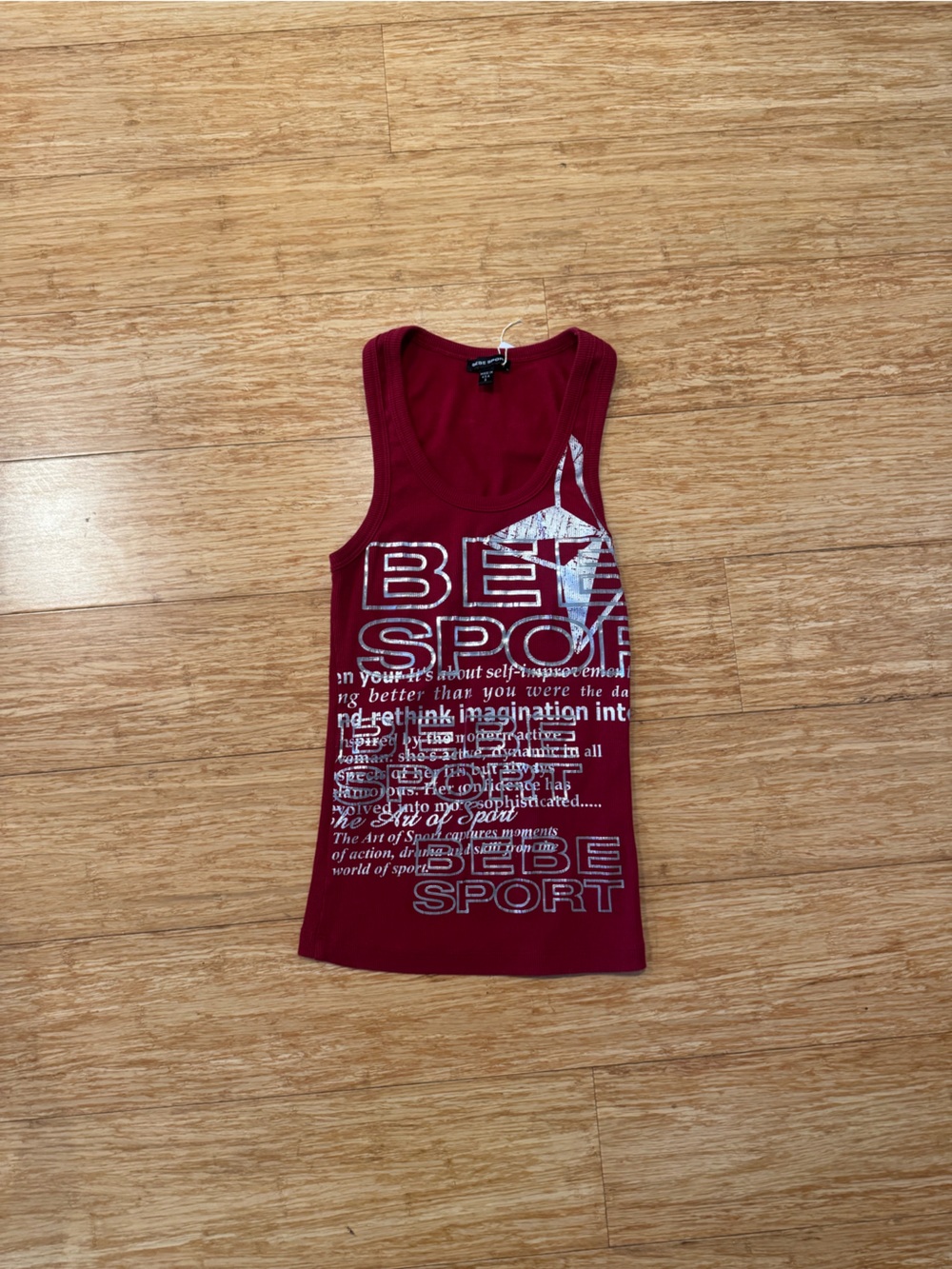 Bebe Sport red silver screen printed graphic ribbed tank top